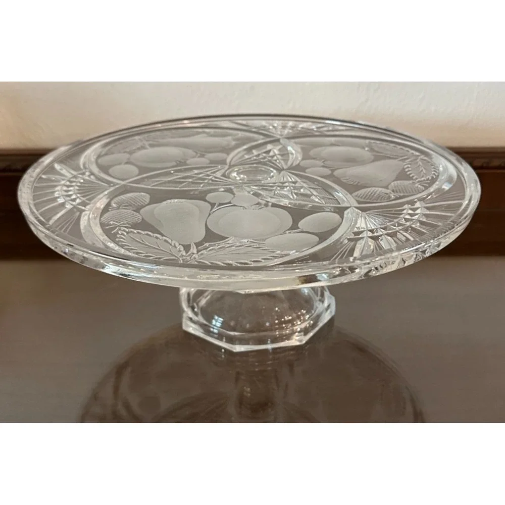 Vintage Tuthill Hawkes Cut Glass‎ Cake Stand: Frosted Fruit Design 11.5''